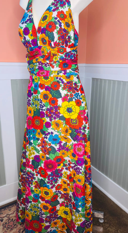 1960s Miami Bloom Halter Maxi Dress